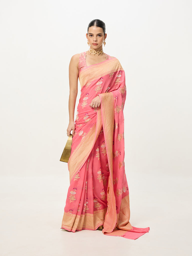 Handwoven Pink Cutwork Banarasi Saree