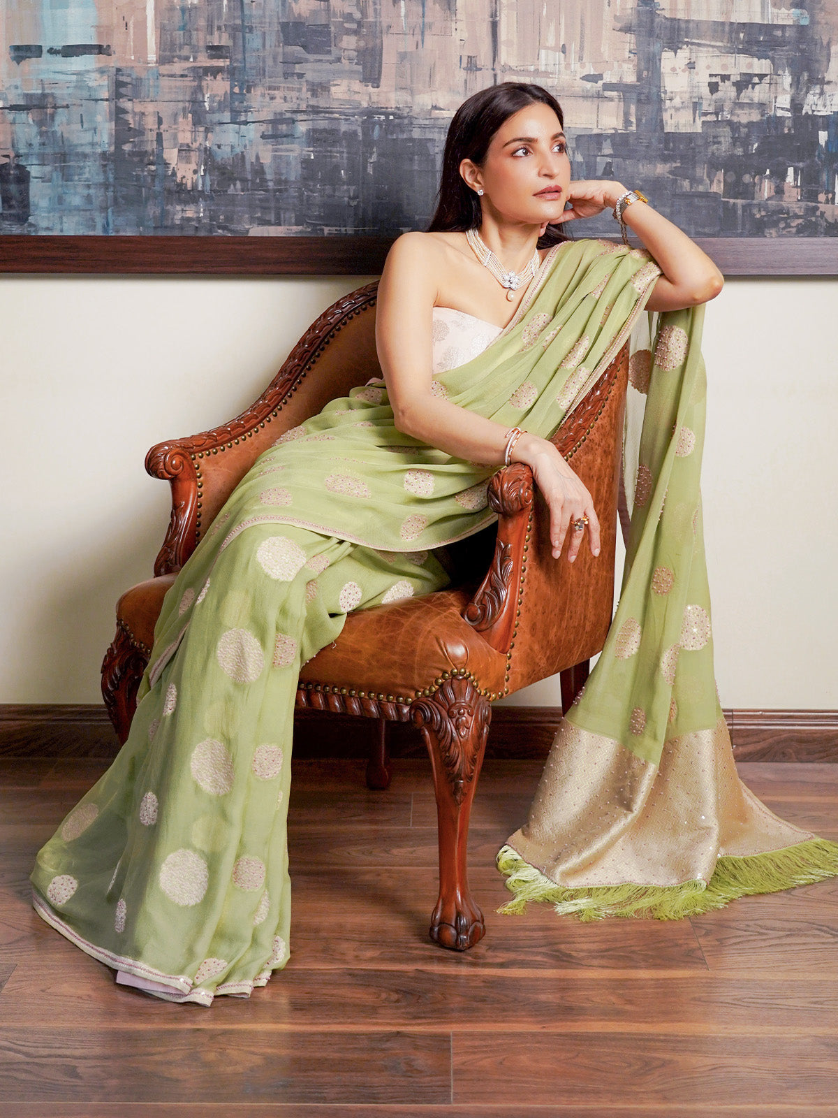 Handwoven Pistachio Chiffon Banarasi Saree