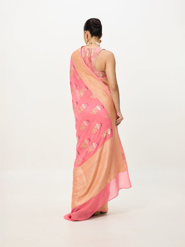 Handwoven Pink Cutwork Banarasi Saree