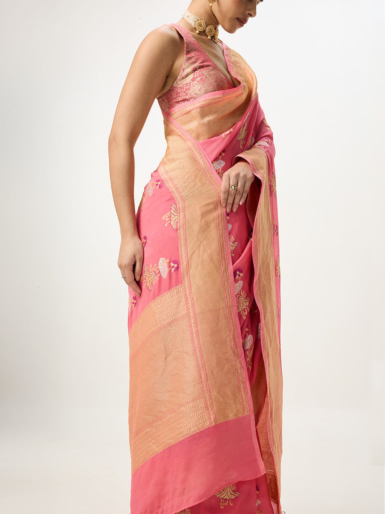 Handwoven Pink Cutwork Banarasi Saree