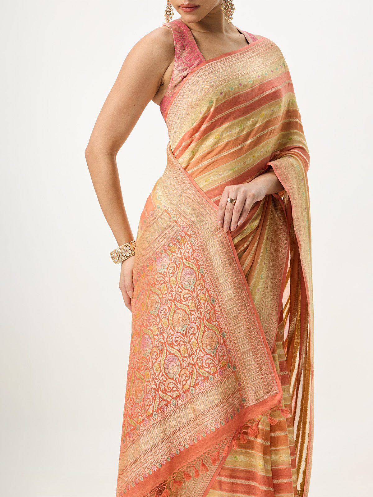 Handwoven Orange Banarasi Emboss Saree