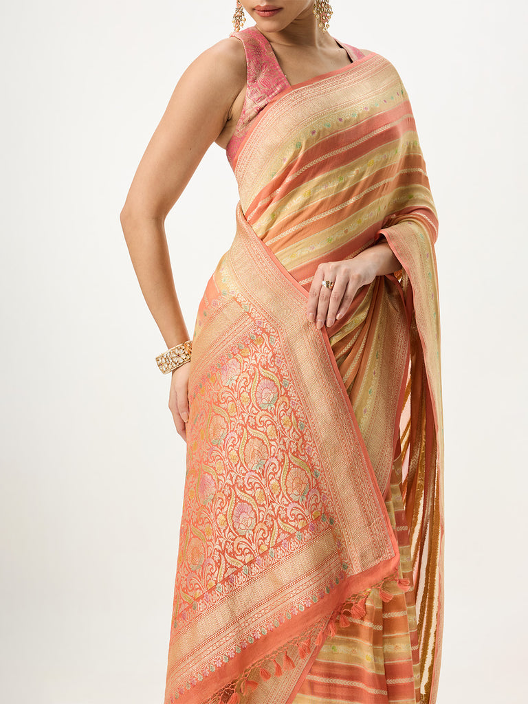 Handwoven Orange Banarasi Emboss Saree