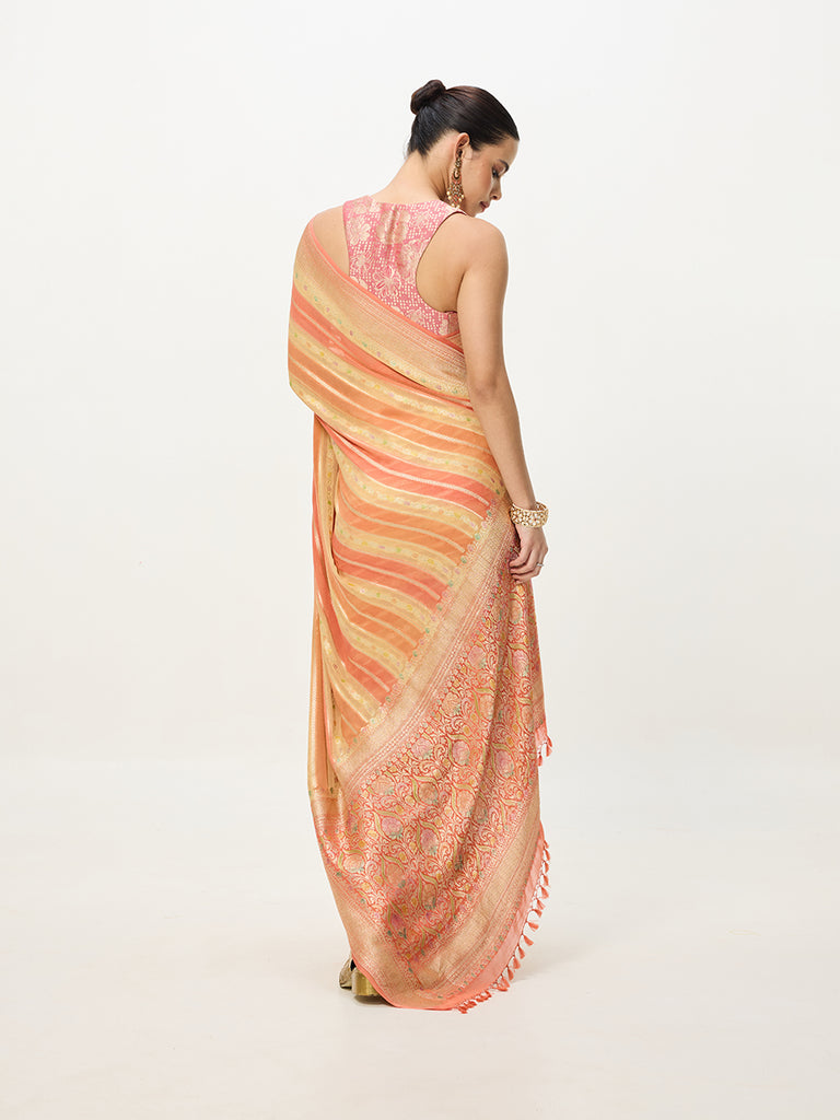 Handwoven Orange Banarasi Emboss Saree