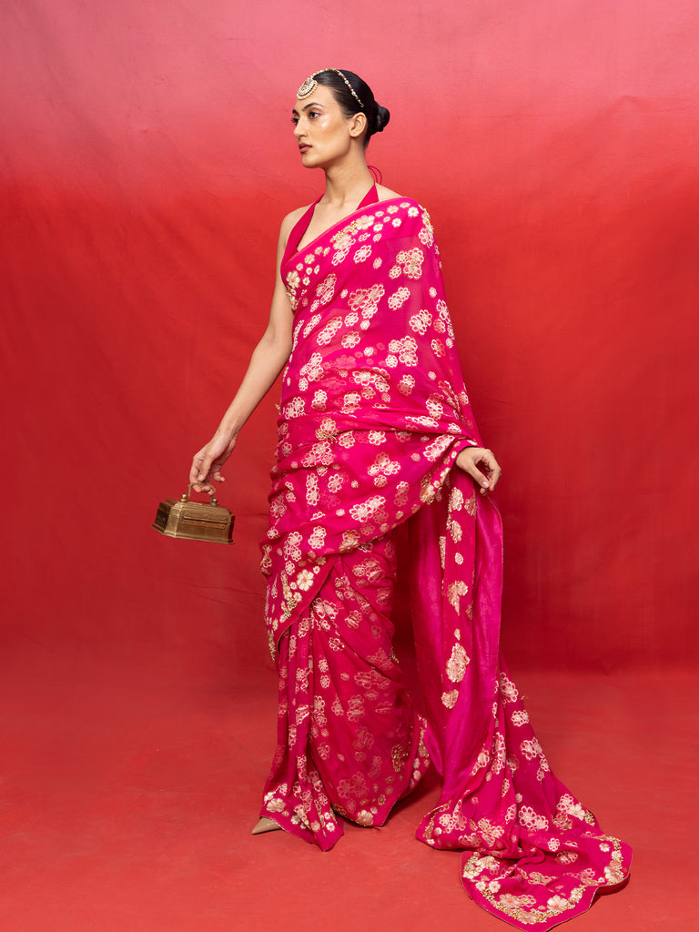 Handwoven Fuchsia Chiffon Banarasi Saree
