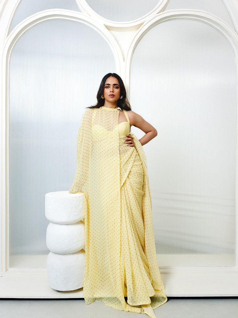 Butter Yellow Polka Dotted Saree