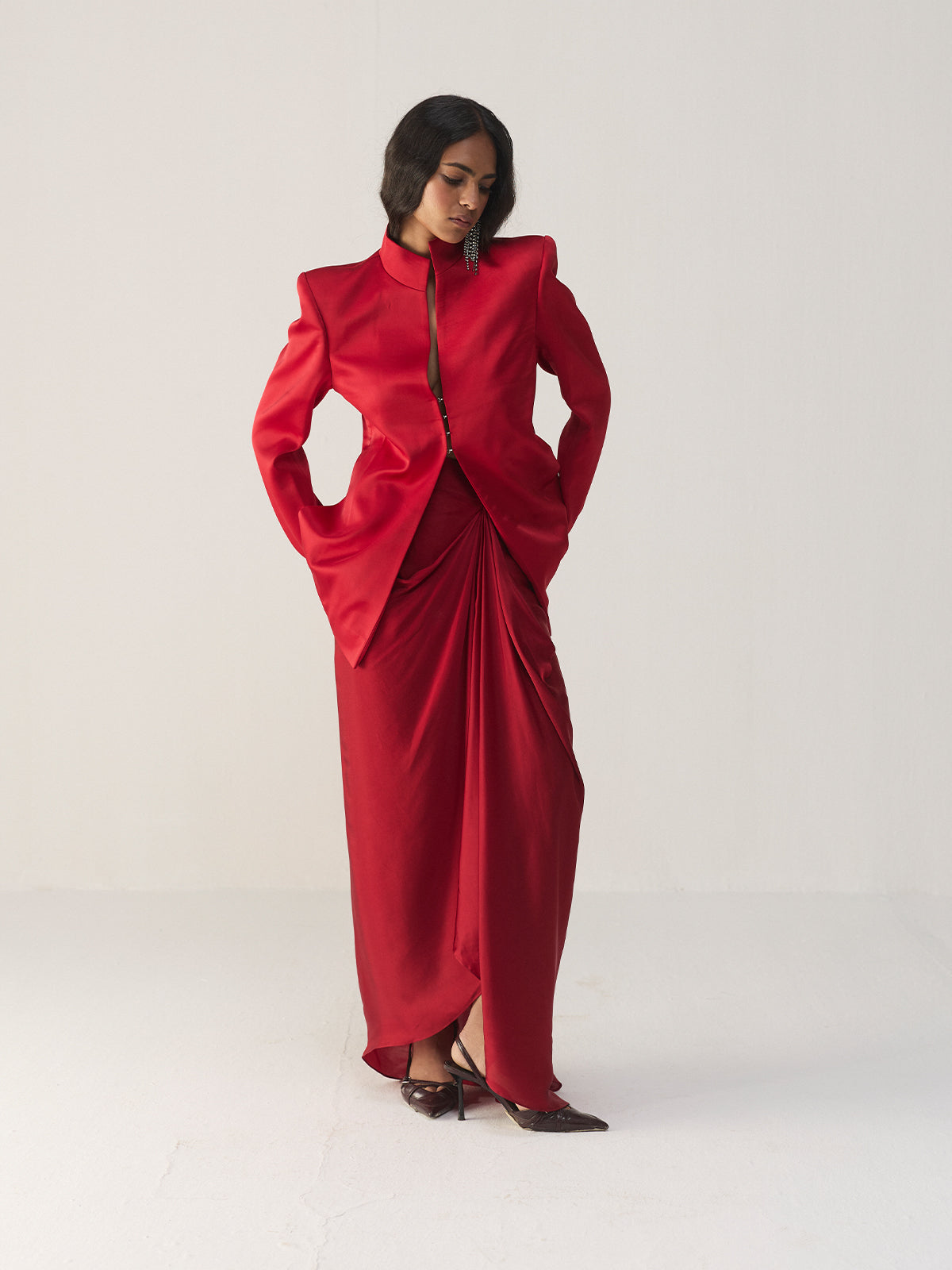 SAVVY RED FUNNEL JACKET AND SKIRT