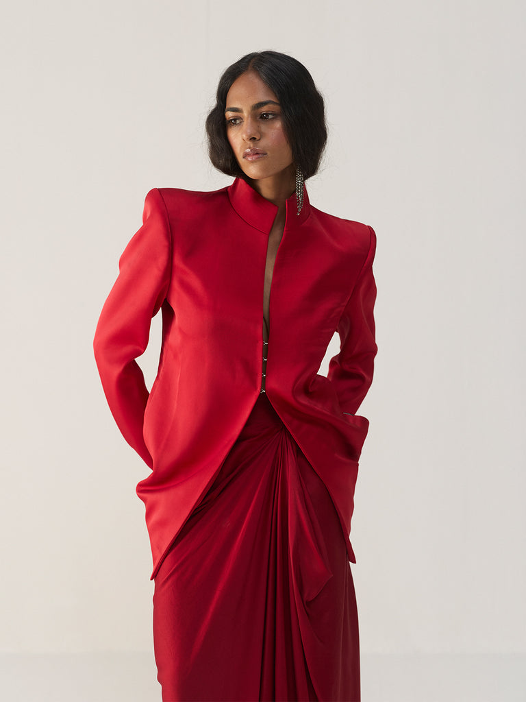 SAVVY RED FUNNEL JACKET AND SKIRT