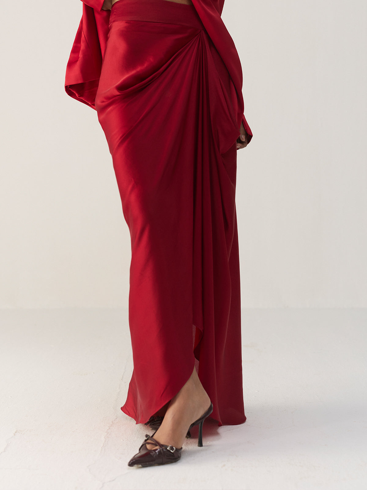 SAVVY RED FUNNEL JACKET AND SKIRT