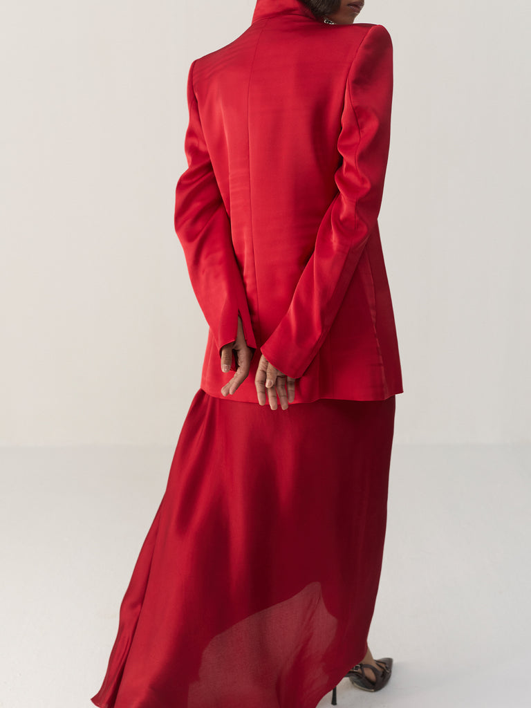 SAVVY RED FUNNEL JACKET AND SKIRT