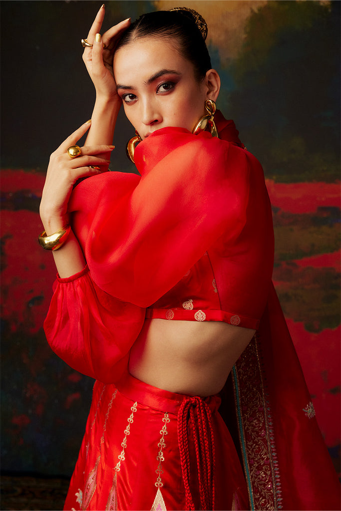 Handwoven Red Silk Lehenga
