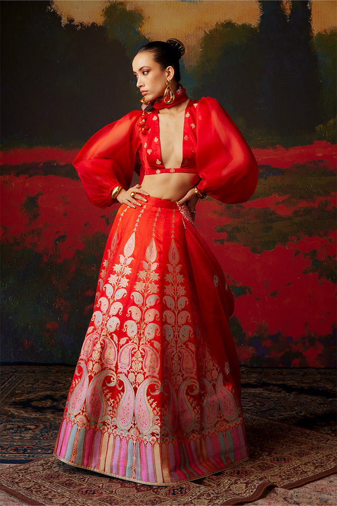 Handwoven Red Silk Lehenga