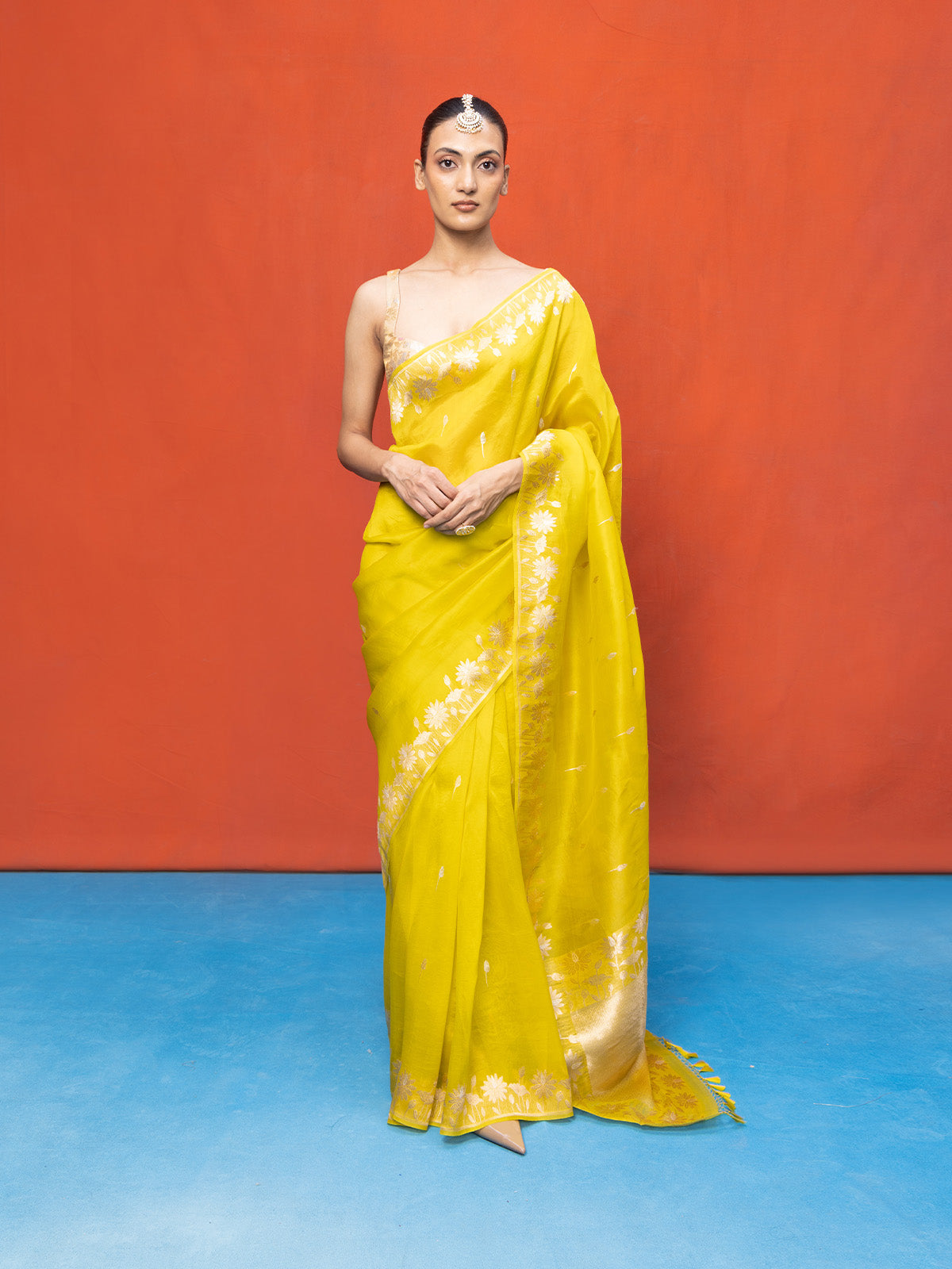 Handwoven Lemon Yellow Kora Banarasi Saree