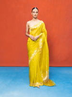 Handwoven Lemon Yellow Kora Banarasi Saree
