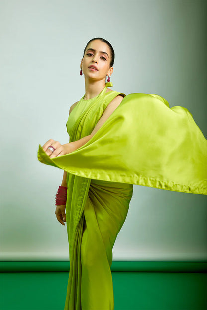Sanya Malhotra in Handwoven Lime Green Silk Saree