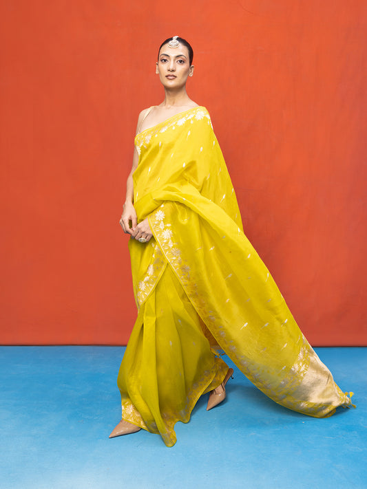 Handwoven Lemon Yellow Kora Banarasi Saree