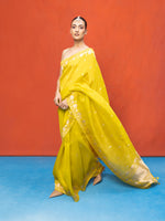 Handwoven Lemon Yellow Kora Banarasi Saree