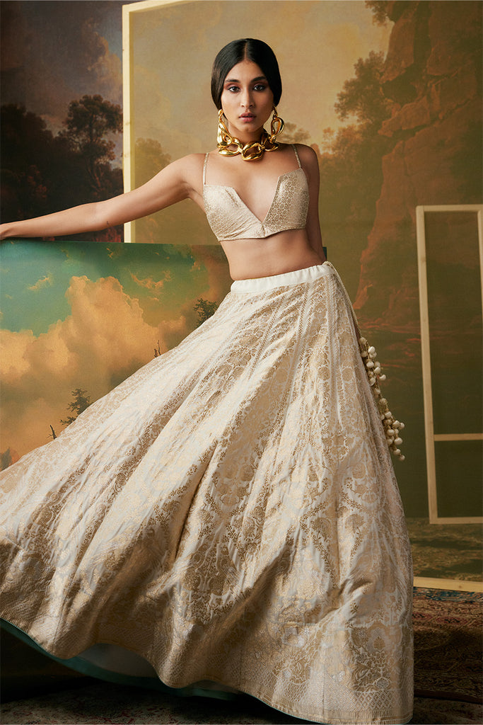 Handwoven Ivory Silk Lehenga