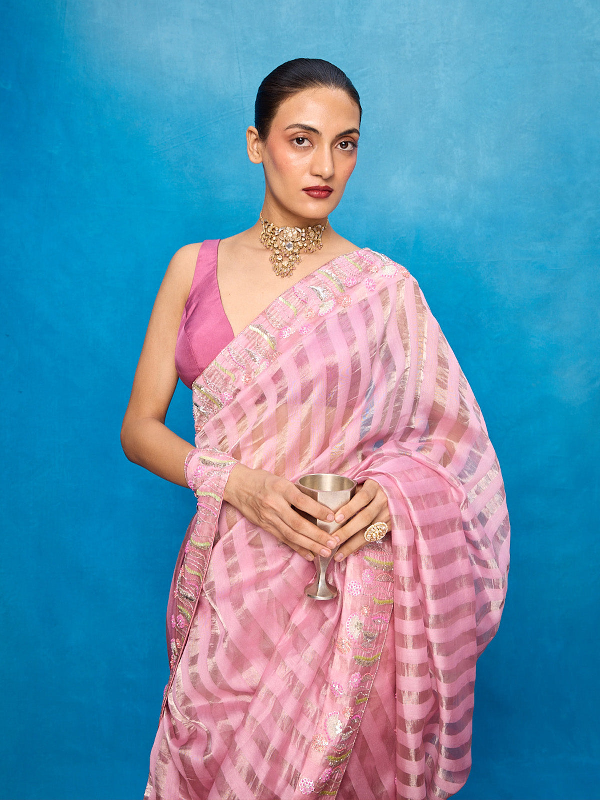 Handwoven Pink Tissue Embroidered Saree