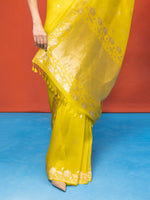 Handwoven Lemon Yellow Kora Banarasi Saree