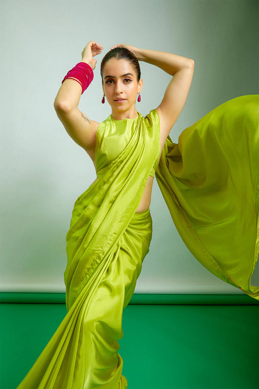 Sanya Malhotra in Handwoven Lime Green Silk Saree
