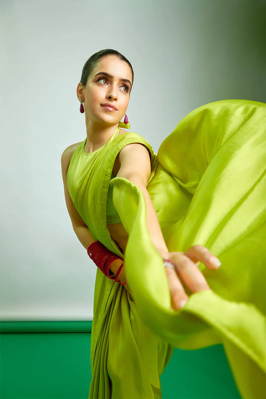 Sanya Malhotra in Handwoven Lime Green Silk Saree