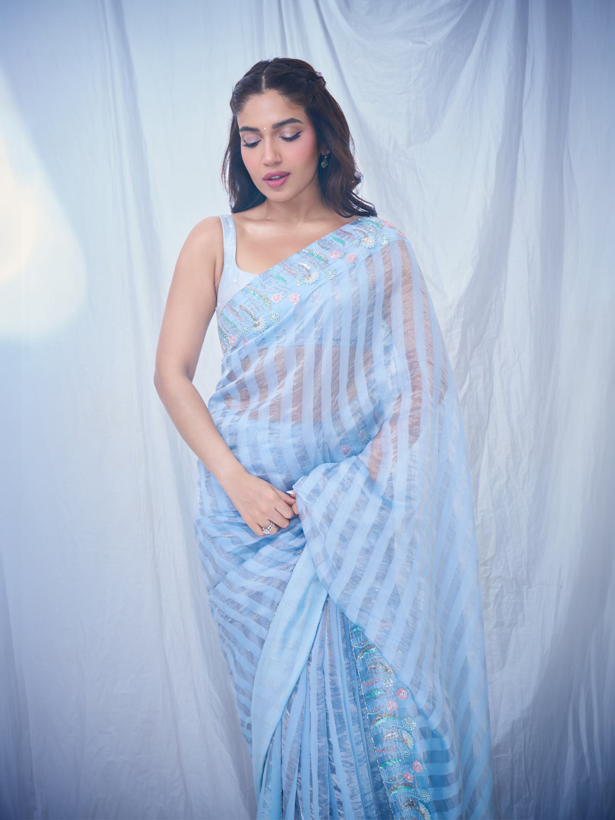 Bhumi Pednekar in Handwoven Blue Tissue Embroidered Saree
