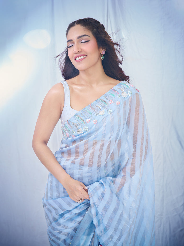 Bhumi Pednekar in Handwoven Blue Tissue Embroidered Saree