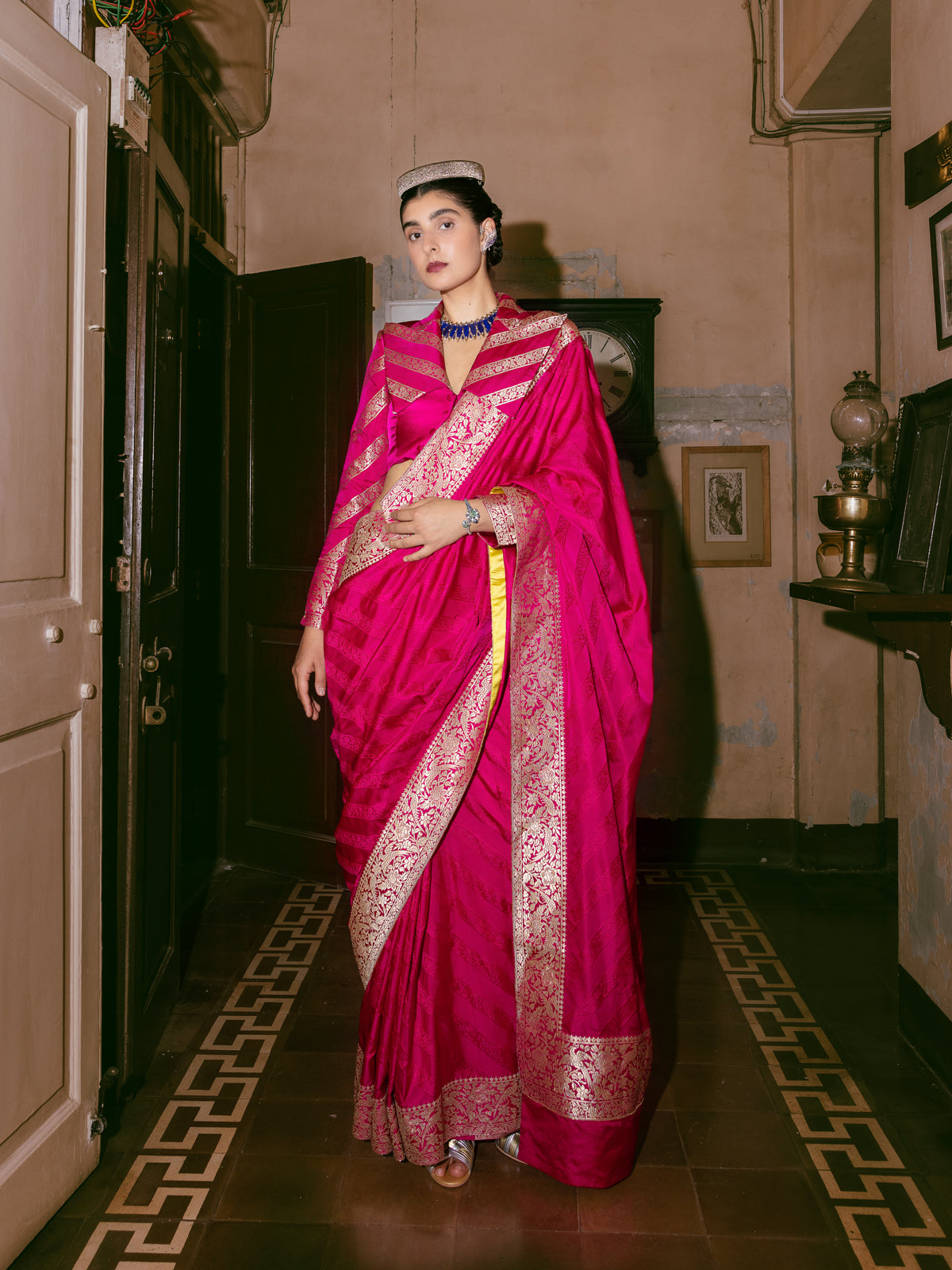 Handwoven Deep Pink Satin Tanchoi Banarasi Saree