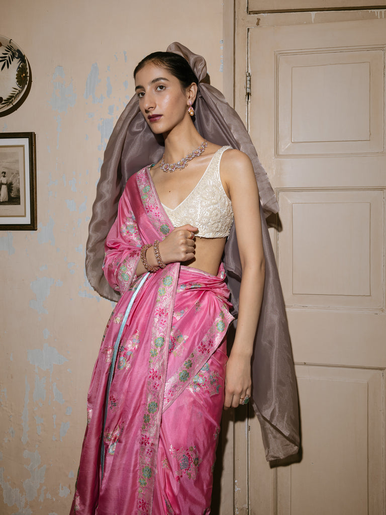 Handwoven Pink Silk Kadhwa Banarasi Saree