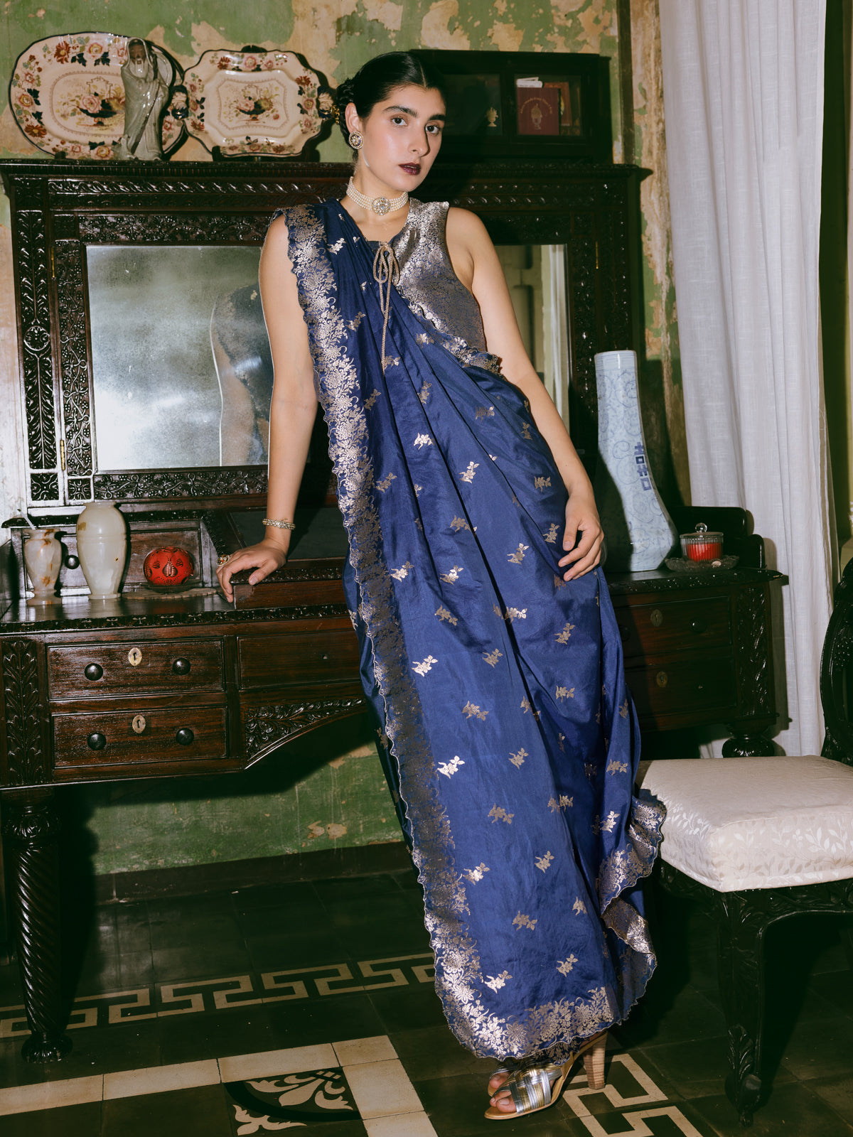 Handwoven Ultramarine Blue Silk Cutwork Banarasi Saree