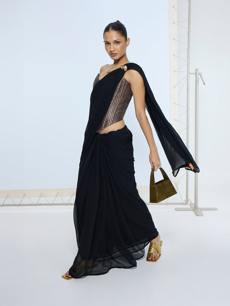 Midnight Black Movable Brooch Saree