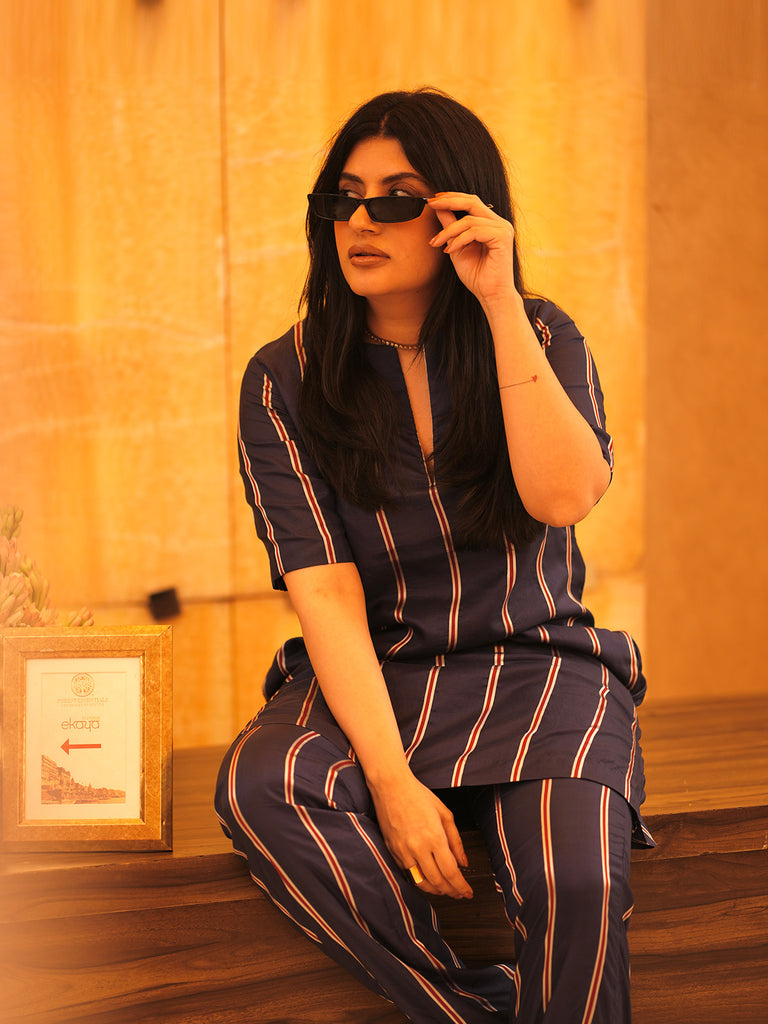 Navy Blue Pencil Stripe Bellbottom Set