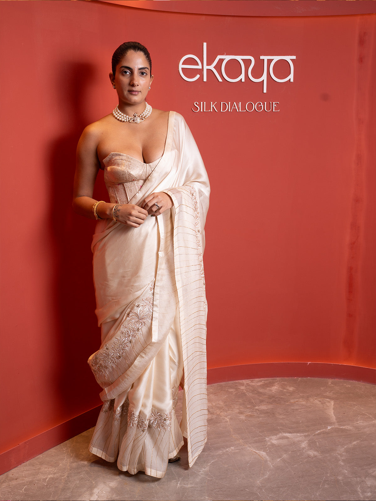 Handwoven Ecru Mashroo Silk Saree with an Embroidered Border