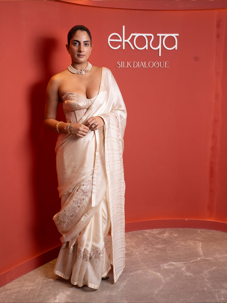 Handwoven Ecru Mashroo Silk Saree with an Embroidered Border