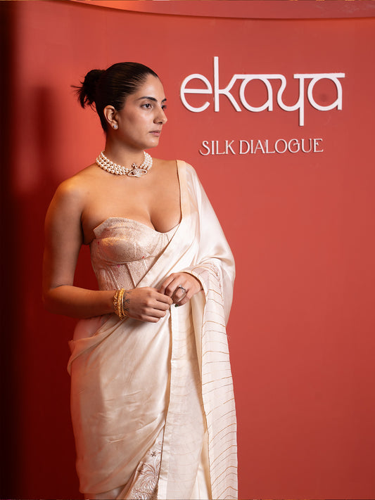 Handwoven Ecru Mashroo Silk Saree with an Embroidered Border