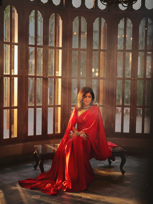 Handwoven Scarlet Satin Saree