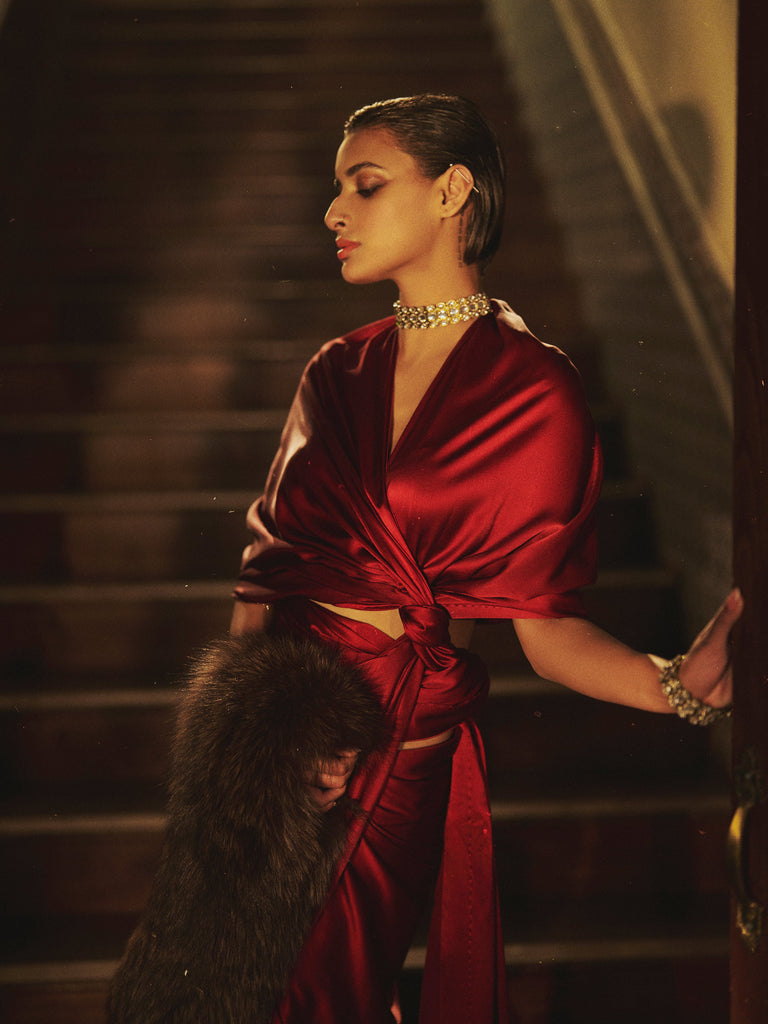 Handwoven Merlot Red Satin Saree