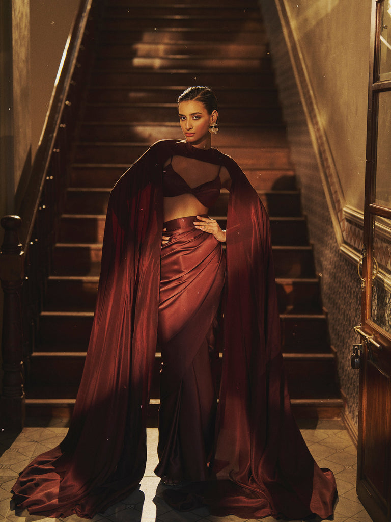 Handwoven Chocolate Brown Satin Saree