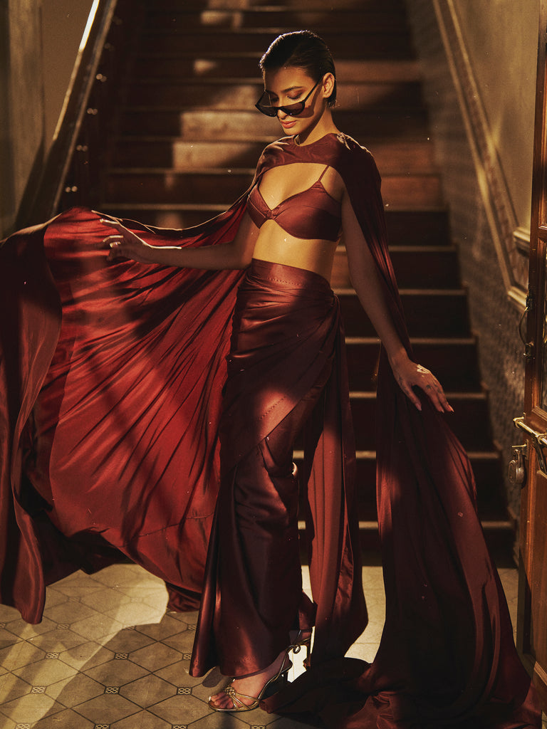 Handwoven Chocolate Brown Satin Saree