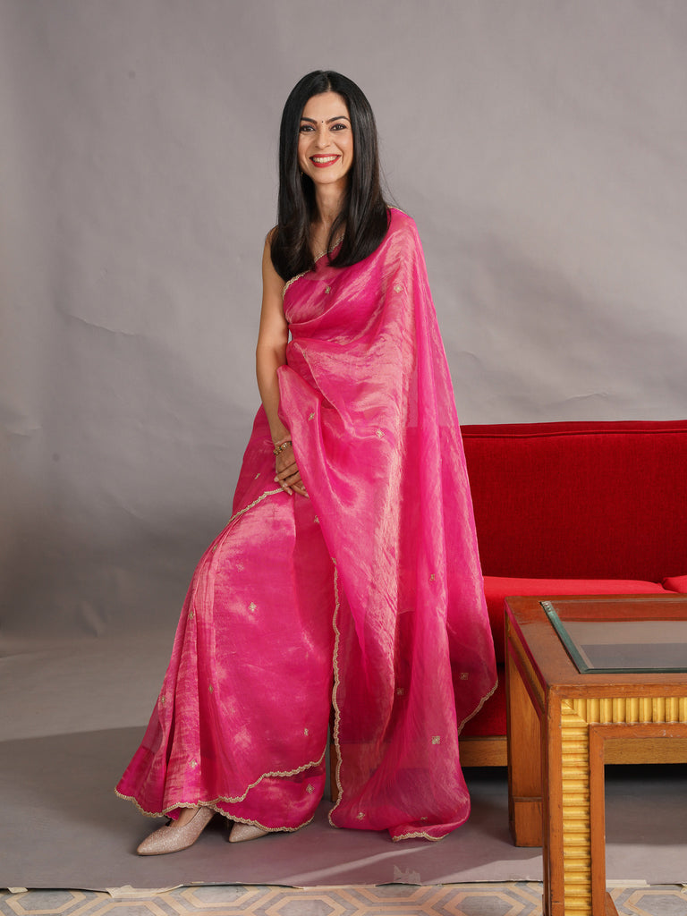 Handwoven Deep Pink Tissue Silk Saree