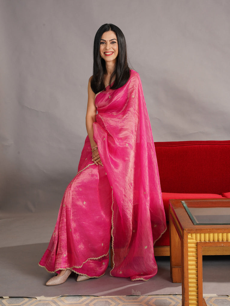 Handwoven Deep Pink Tissue Silk Saree