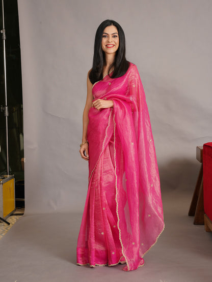 Handwoven Deep Pink Tissue Silk Saree
