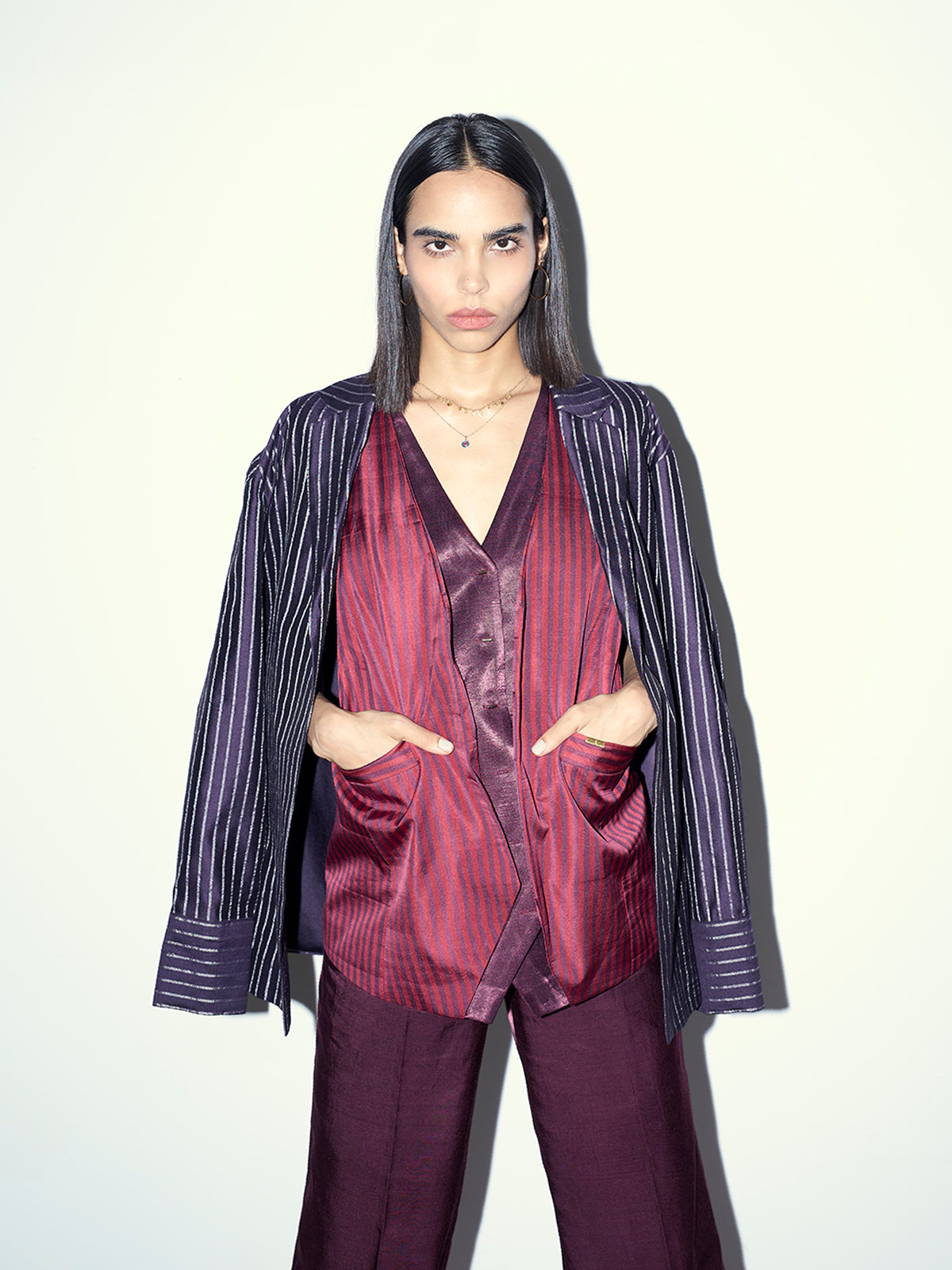 Plum Pinstripe Doube Layered Vest & Pants