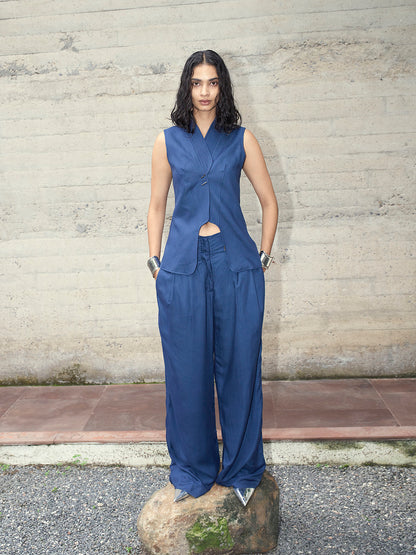 Navy Fitted Vest & Wide Leg Pants