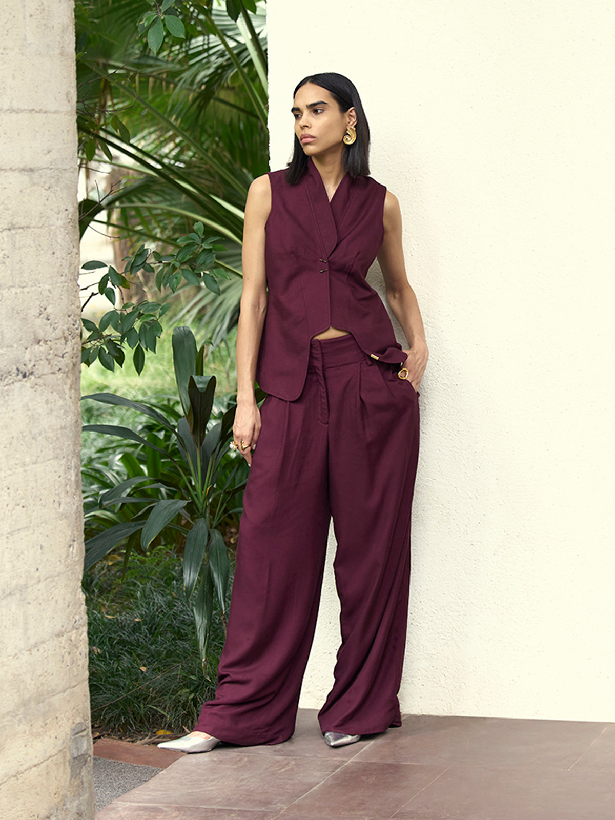 Plum Fitted Vest & Wide Leg Pants