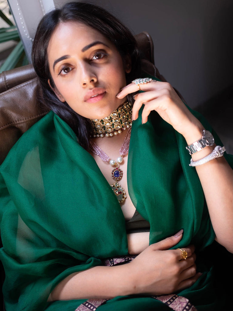 Handwoven Forest Green Organza Saree