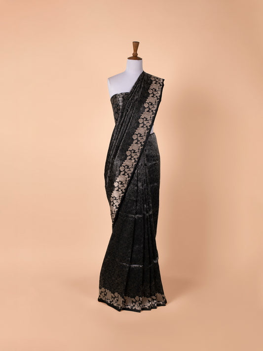 Handwoven Black Satin Silk Saree