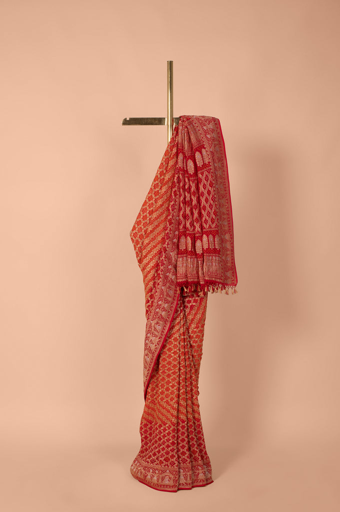 Handwoven Orange & Red Bandhani Georgette Saree