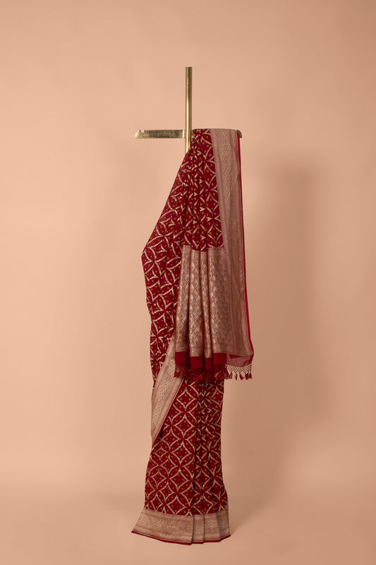 Handwoven Garnet Bandhani Georgette Saree