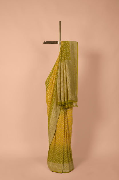 Handwoven Green and Yellow Bandhani Georgette Saree